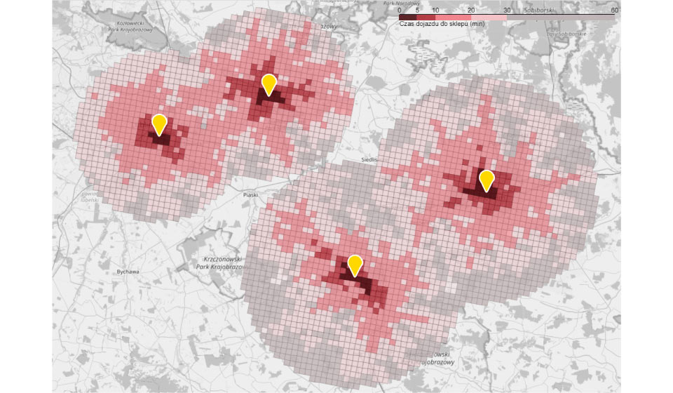 Mapa sieci sklepów wraz z zobrazowaniem czasu dojazdu do sklepu